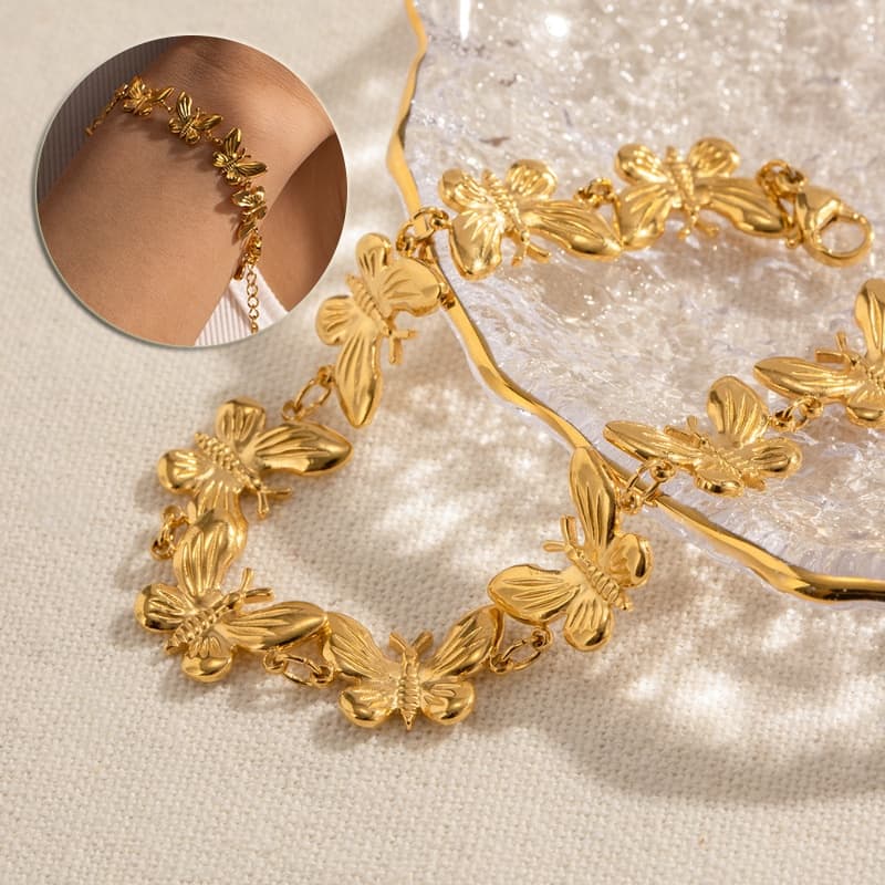 Pulsera de acero inoxidable con diseño de mariposa, elegante y delicada