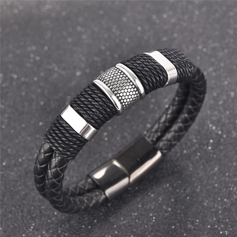Pulsera de cuero trenzado negro con acero inoxidable