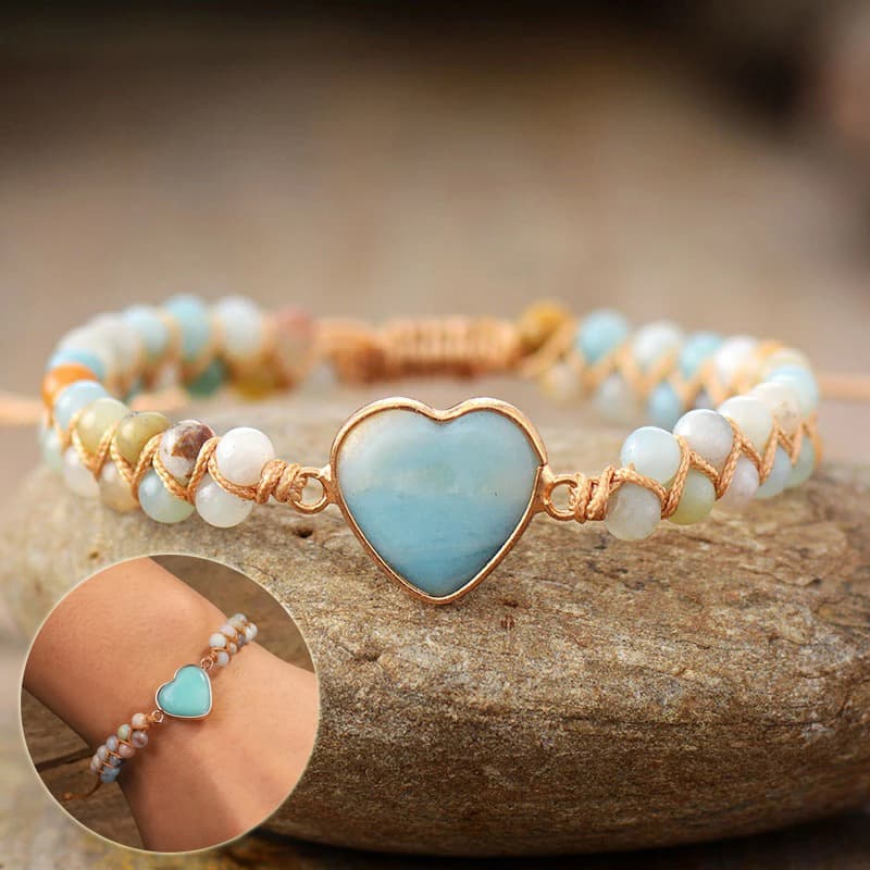 Pulsera de corazón con cordón de amazonita, estilo macramé