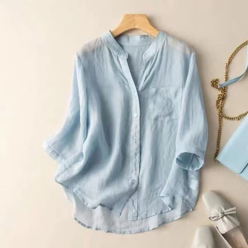 Camisa retro artística de color sólido y manga corta