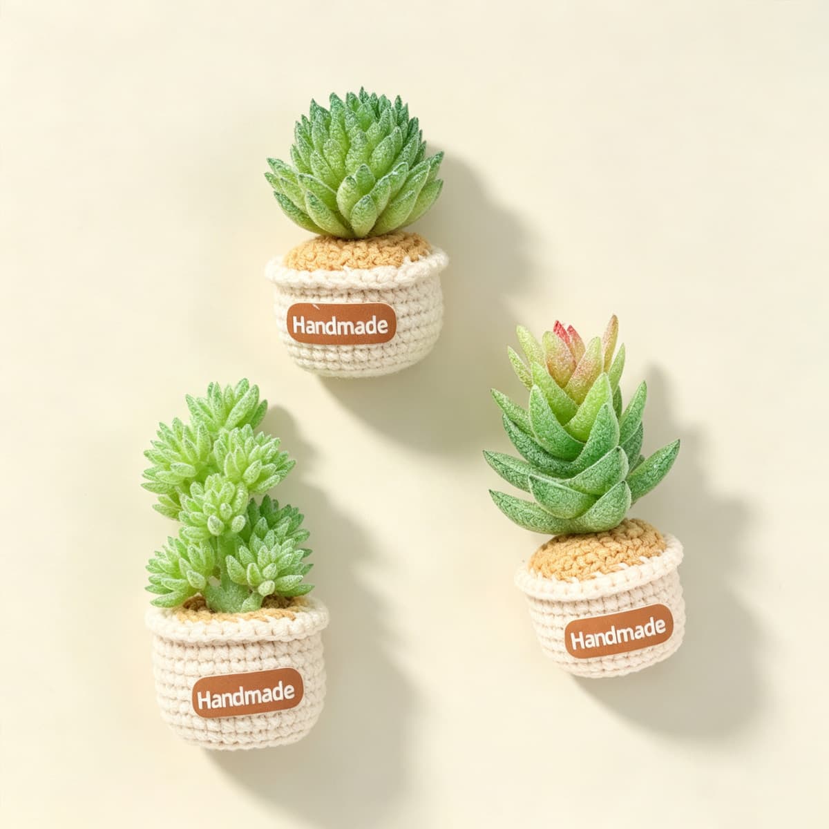 Juego de macetas de crochet con suculentas imán para nevera